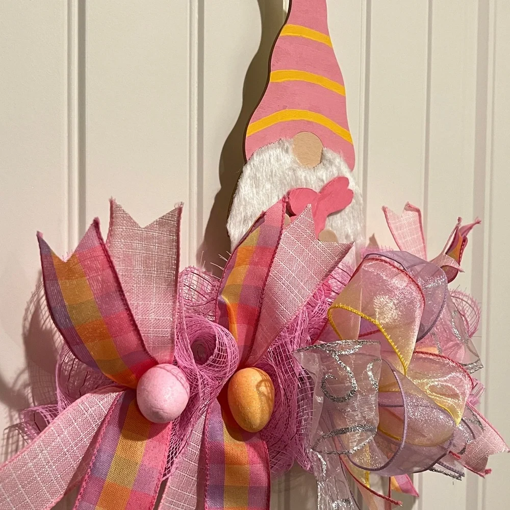 14” Easter Spring Ribbon Bow Wreath Rail Gnome Handmade Pink Orange Hndmd Gr2